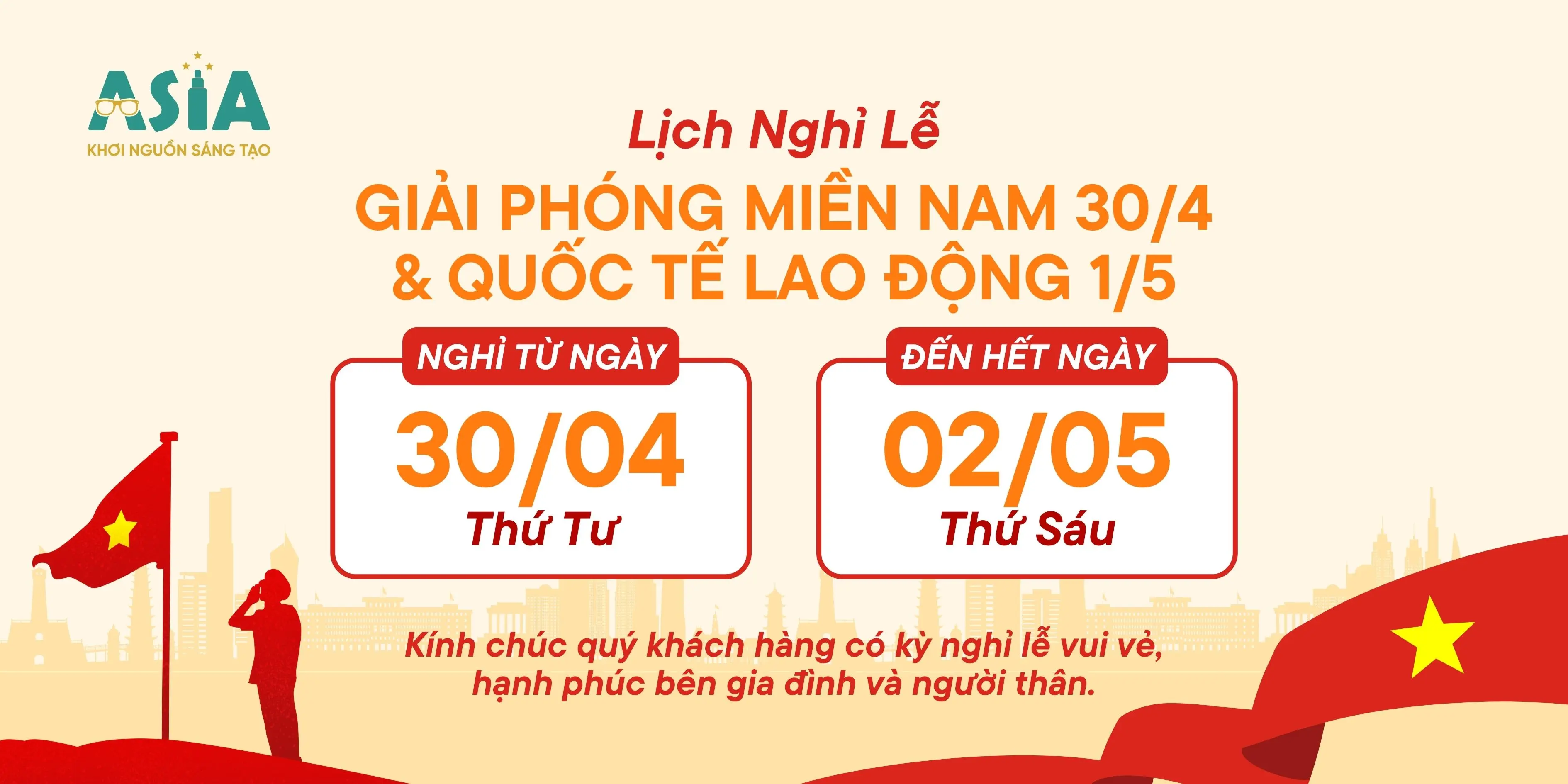 THÔNG BÁO NGHỈ LỄ 30/4 - 1/5 CÔNG TY TNHH SX PKKM ASIA