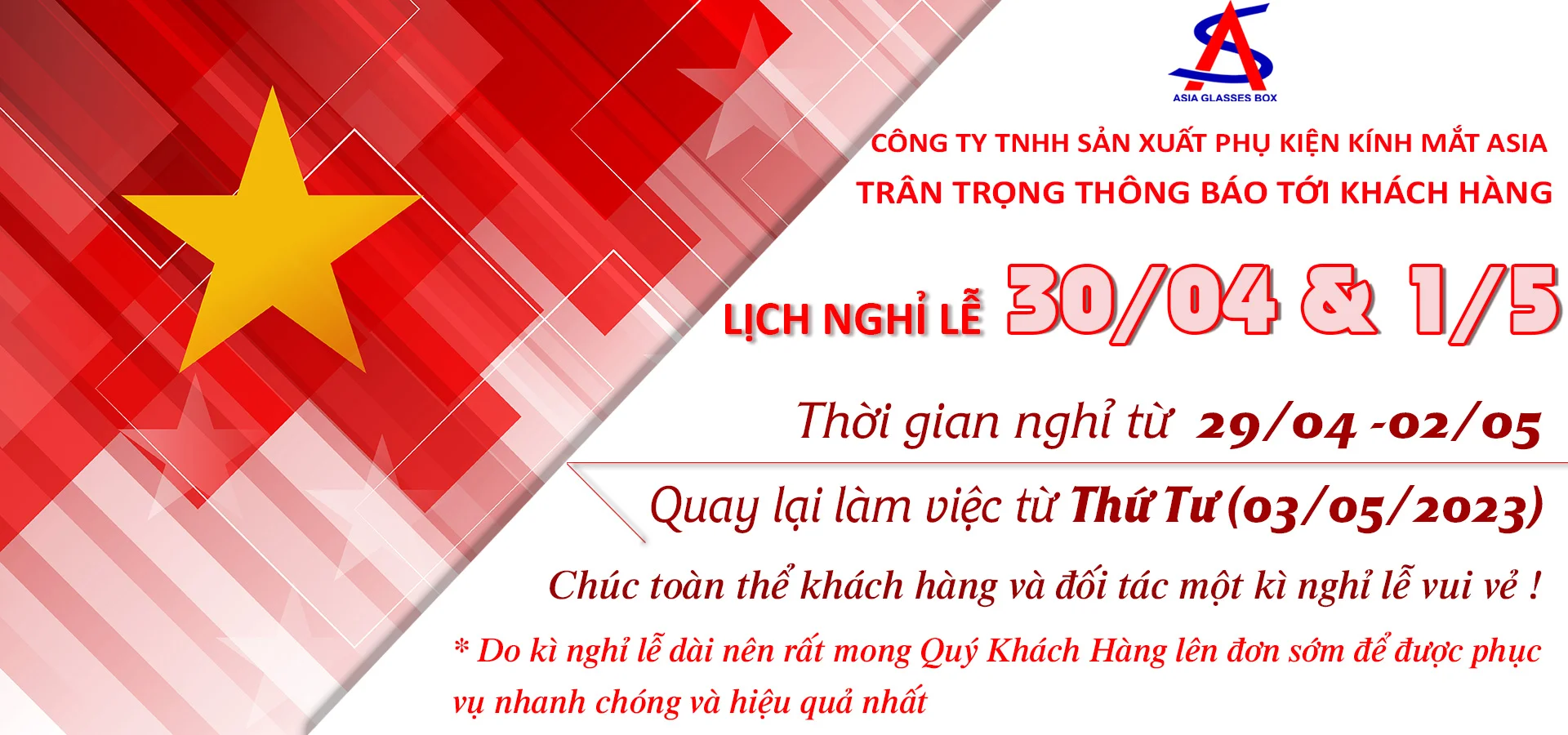 Thông báo nghỉ lễ 30/04 & 01/05 đến Khách hàng & Đối tác